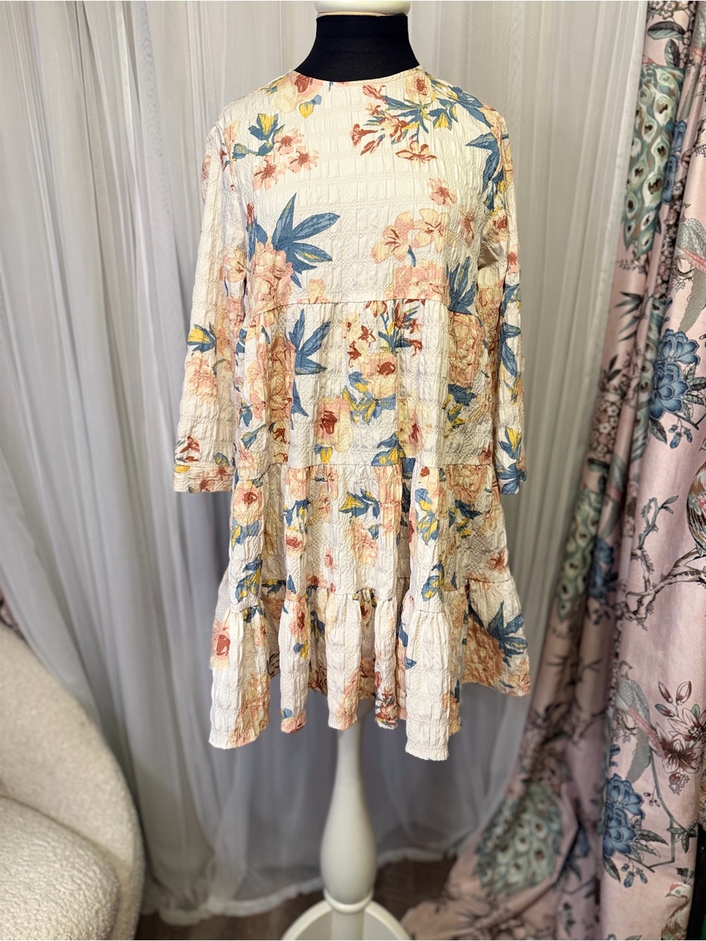 Zara XS Floral Textured Tiered Mini Dress Long Sleeve Cottagecore Boho
